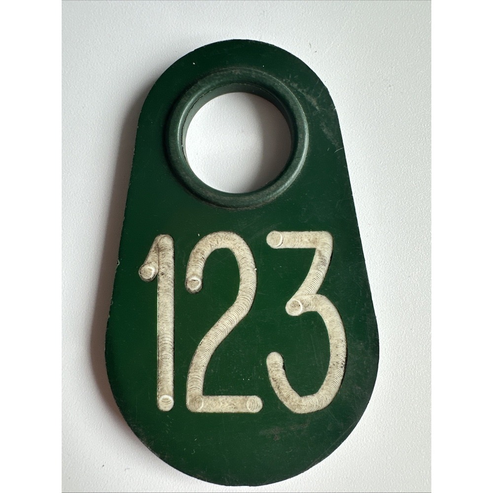 Vintage Cow Number Ear Tag Dairy Farm Cattle Sheep Marker #123 Double Side GREEN